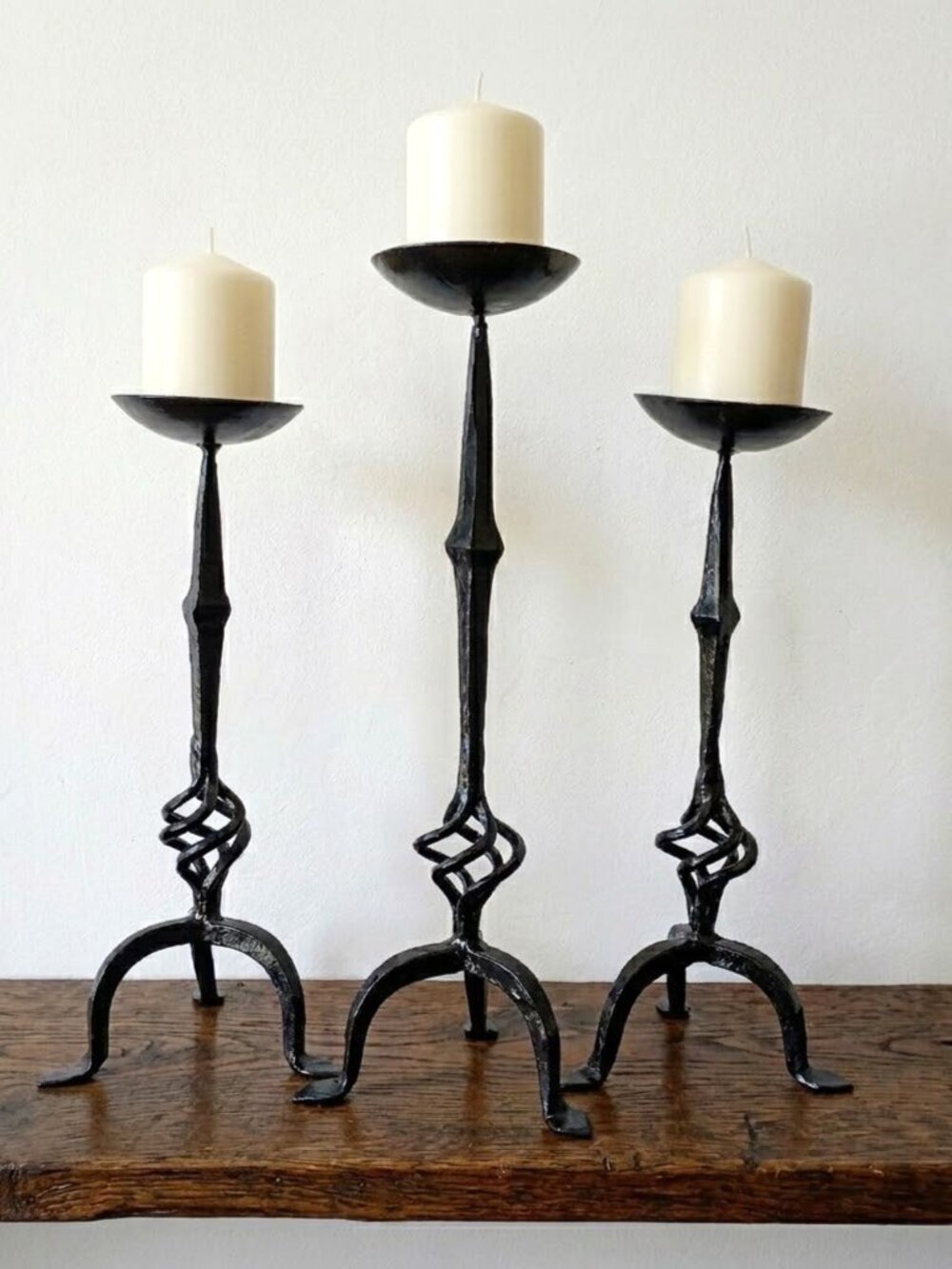 Vintage Forged Iron Candlestick Holders Set of 3 Black Pillar Candlesticks Stand